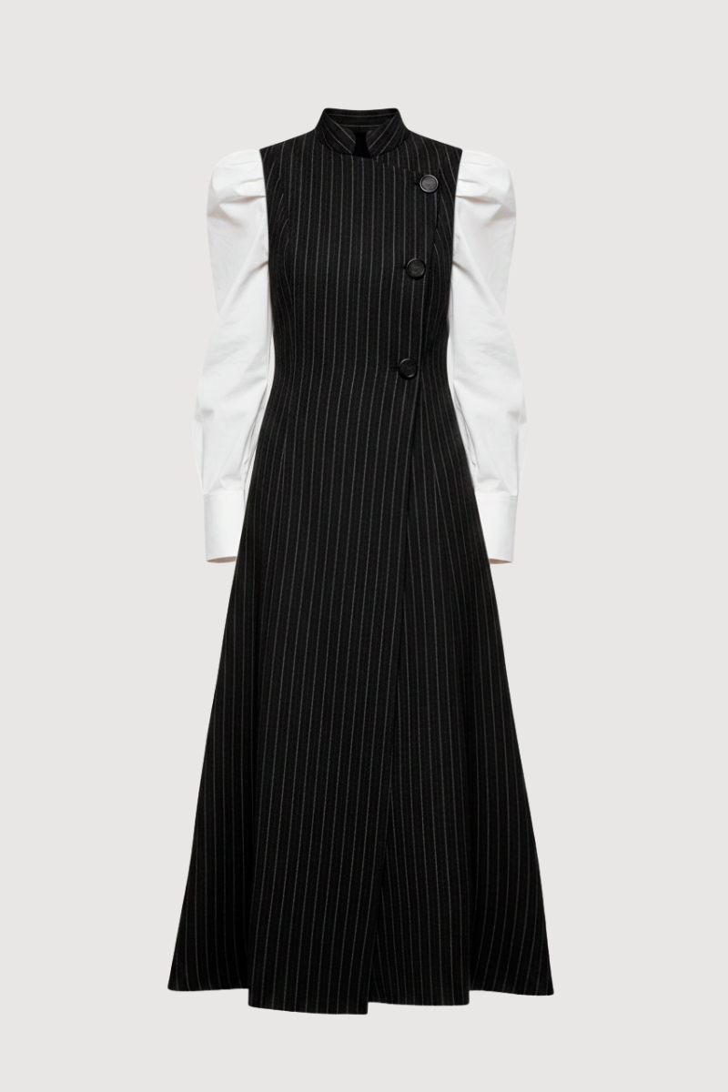 Vestido midi en color negro con raya gris y plateada