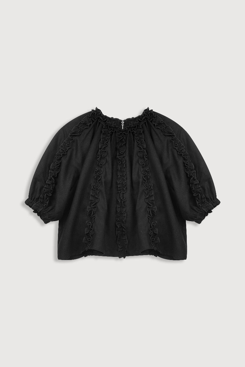 Blusa de lino negra con volantes fruncidos